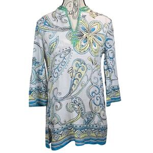 Chicos Tunic Top Blouse Womens 0 Small V-Neck Paisley Boho Retro‎ Lagenlook